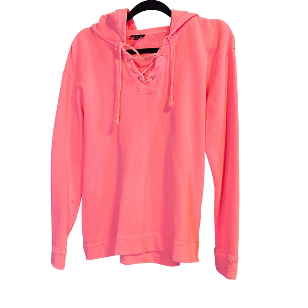 Talbots Womens Neon Pink Lace Up French Terry Hoodie Sweatshirt Medium ID5418